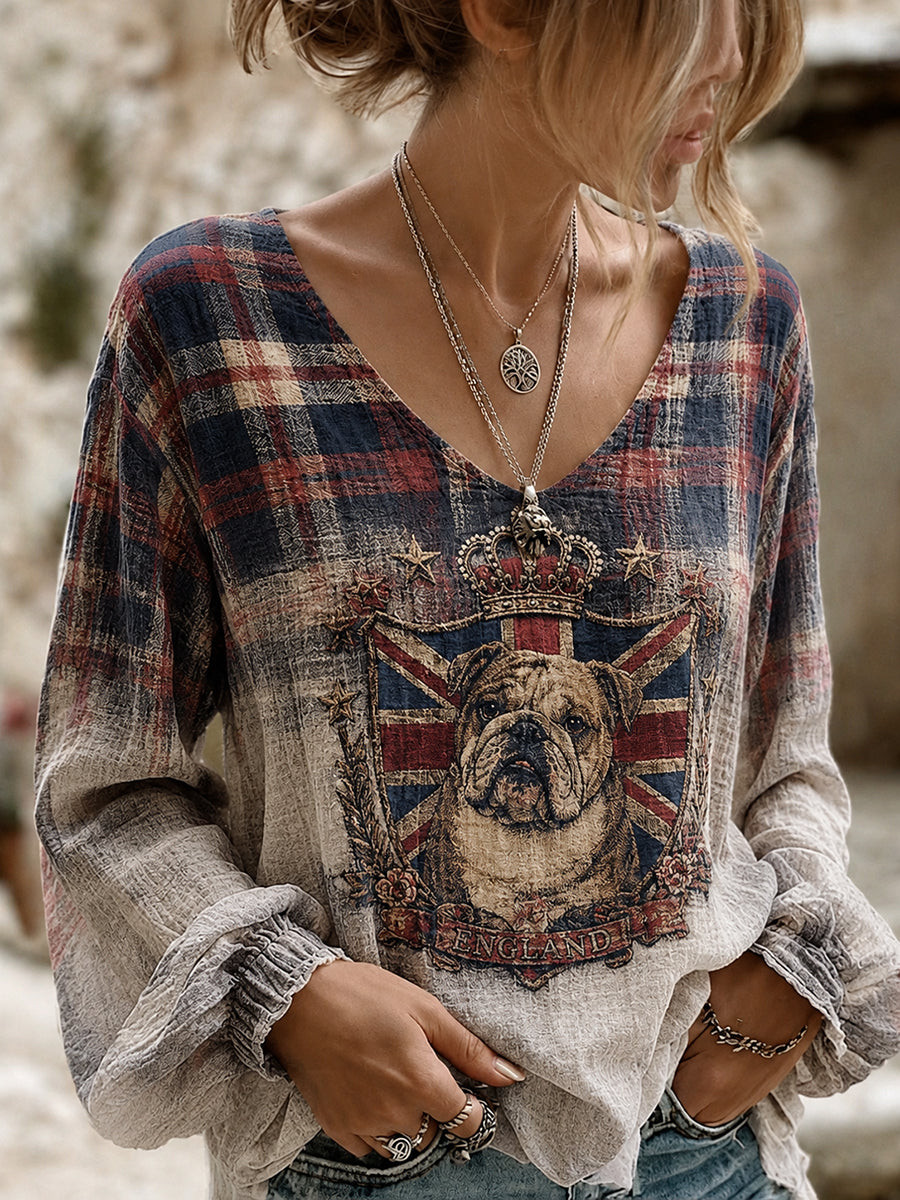 England British Bulldog Merch Crown Shield V-Neck Long Sleeve Shirt Retro Apparel Dog Mom Gift - GWH