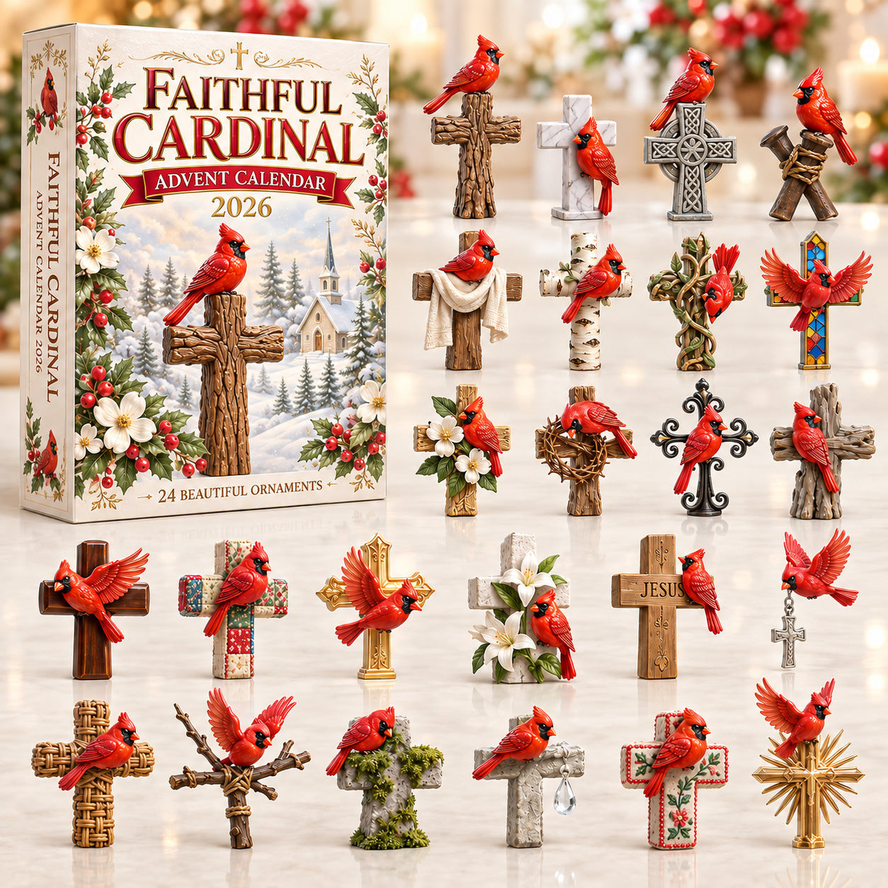 Faithful Cardinal Advent Calendar 2026 24 Ornaments Christmas Gift For Bird Lovers - GWH