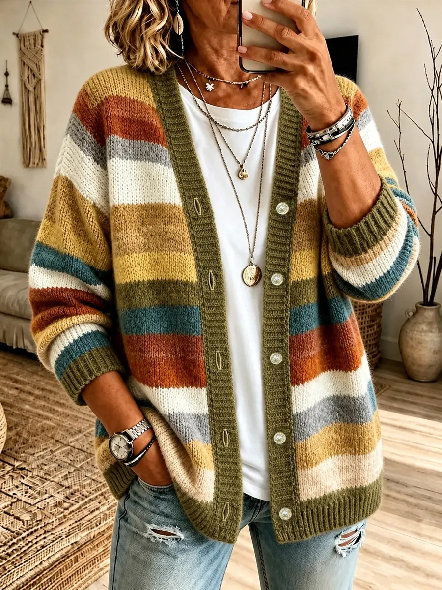 Fall Season Merch Retro Striped Casual Cardigan Best Fall Apparel Gifts For Mom - GWH