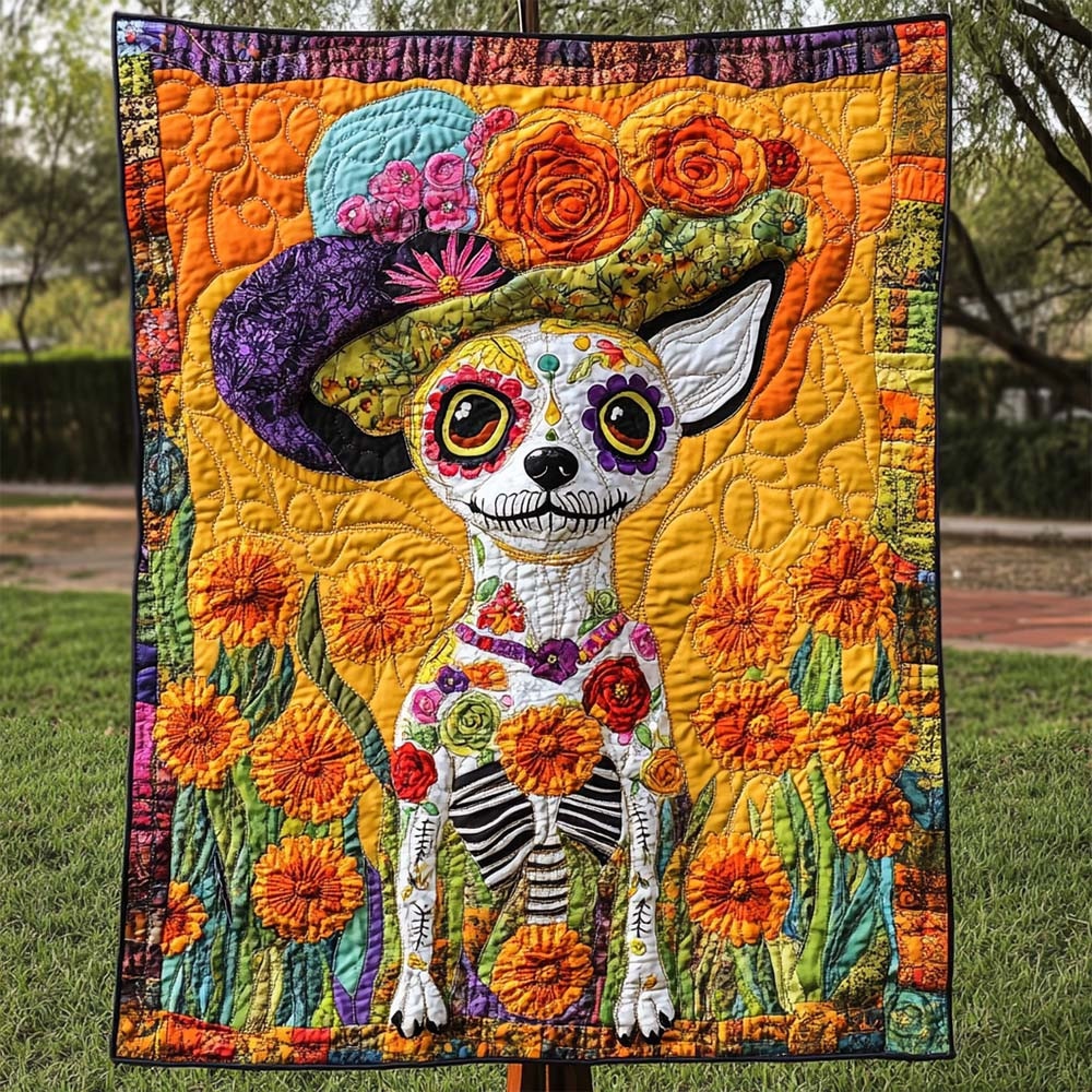 Fiesta Pup Quilted Blanket Sugar Skull Halloween Throw Blanket Bedroom Decoration - GWH