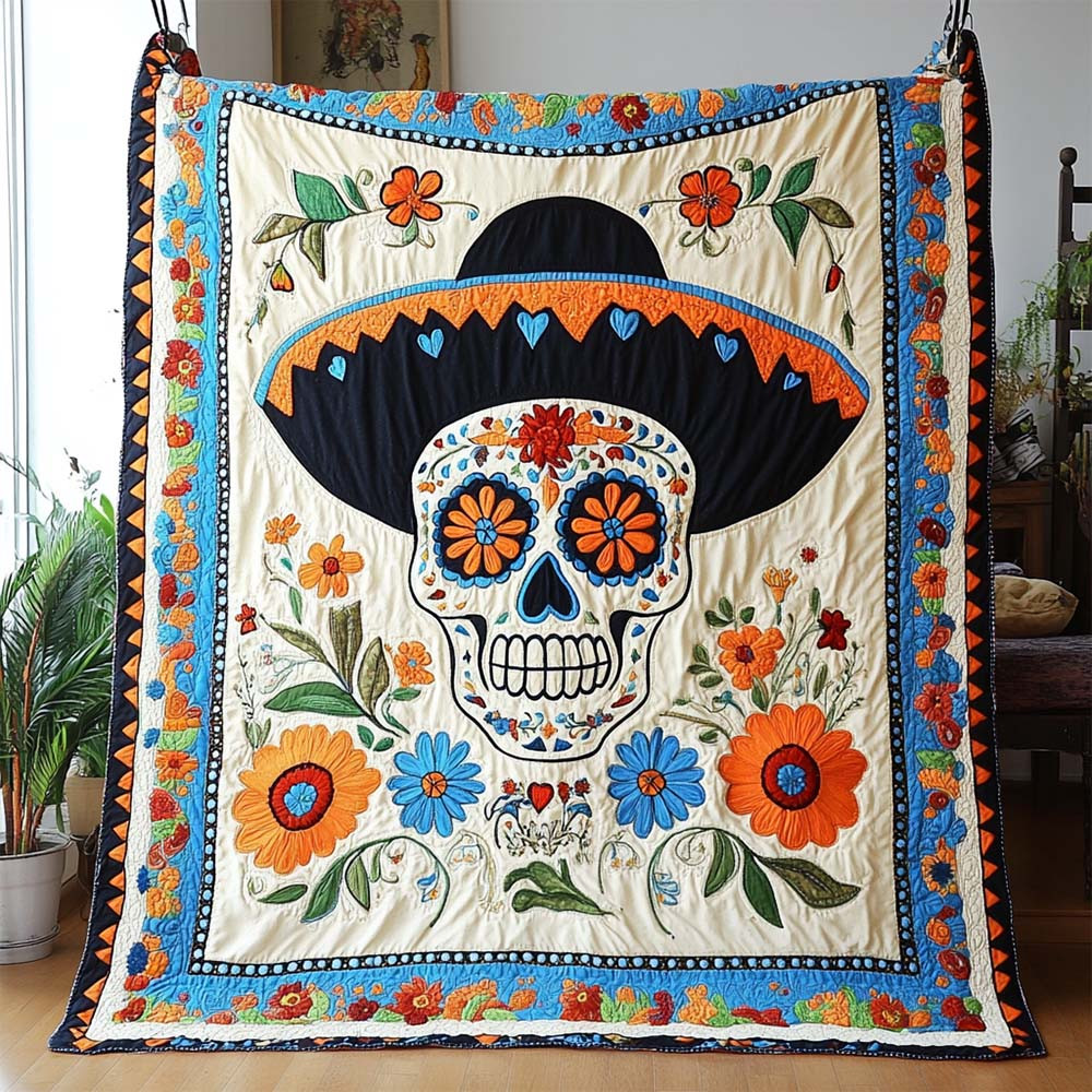 Fiesta Spirit Quilted Blanket Floral Day Of The Dead Room Decor Gift Ideas - GWH
