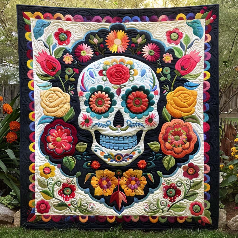 Floral Calavera Quilted Blanket Floral Day Of The Dead Room Decor Gift For Her - GWH
