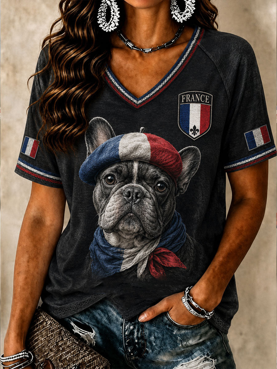 French Bulldog France Merch Beret Hat V-Neck T-Shirt Vintage Apparel Gift For Mom - GWH