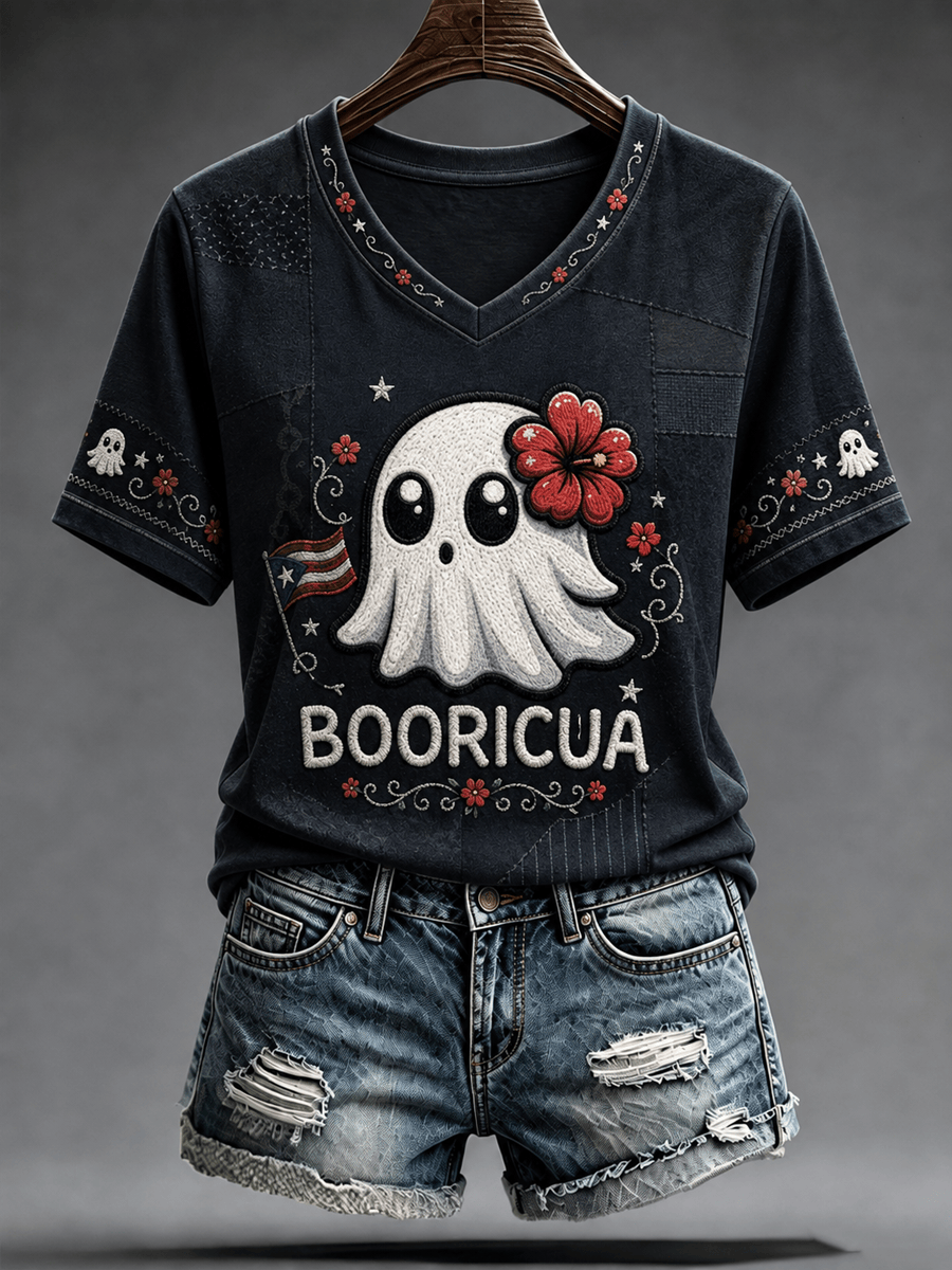 Funny Booricua Ghost V-Neck Shirt Spooky Ghost Halloween Clothing Best Gifts For Horror Lovers - Gwh