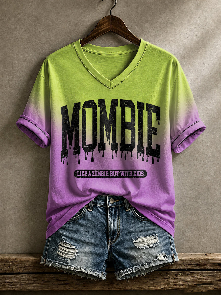 Funny Mombie Zombie Mom Halloween V-Neck Shirt Ladies Halloween Outfits Best Halloween Gifts - Gwh