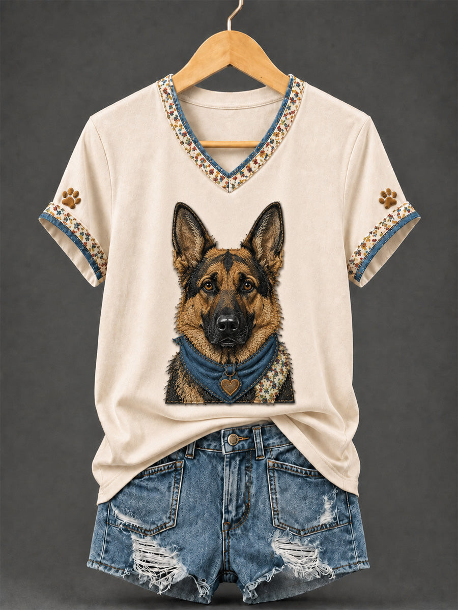 German Shepherd Retro Patchwork V-Neck T-Shirt Dog Lover Clothing Gift For Dog Lover - GWH