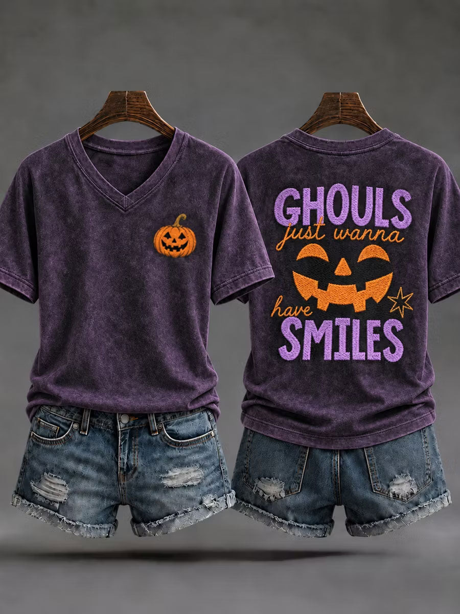 Ghouls Smiles Halloween V-Neck Shirt Funny Ghost Halloween Clothes Gifts For Halloween Lovers - Gwh