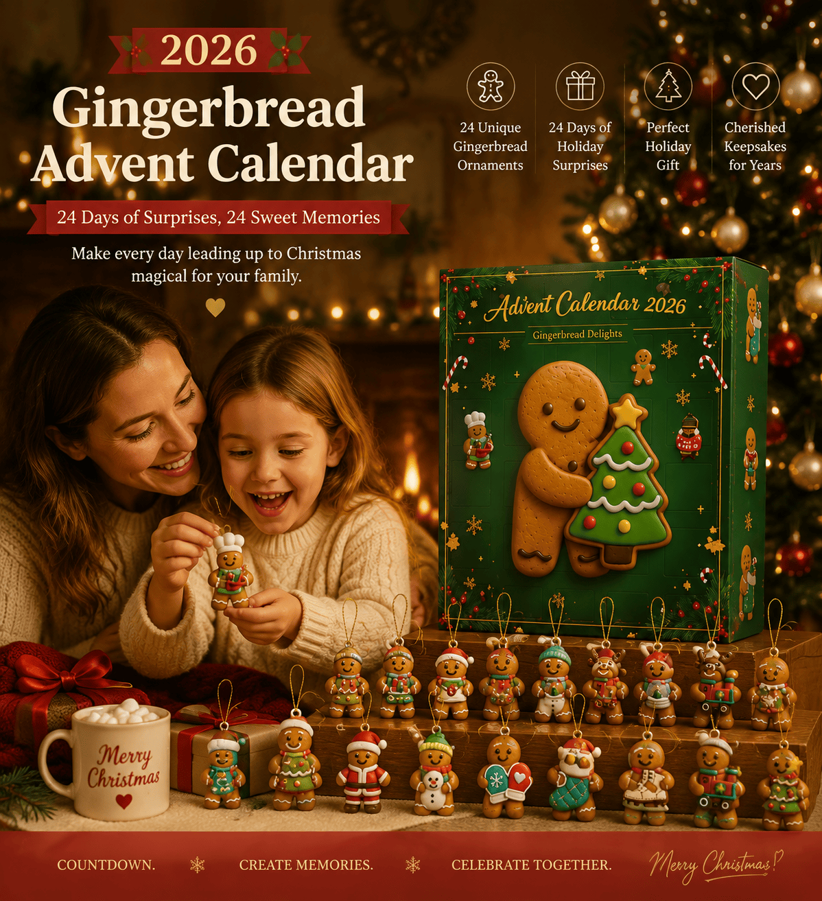 Gingerbread 2026 Advent Calendar 24 Day Acrylic Ornaments Christmas Countdown Xmas Gift - GWH