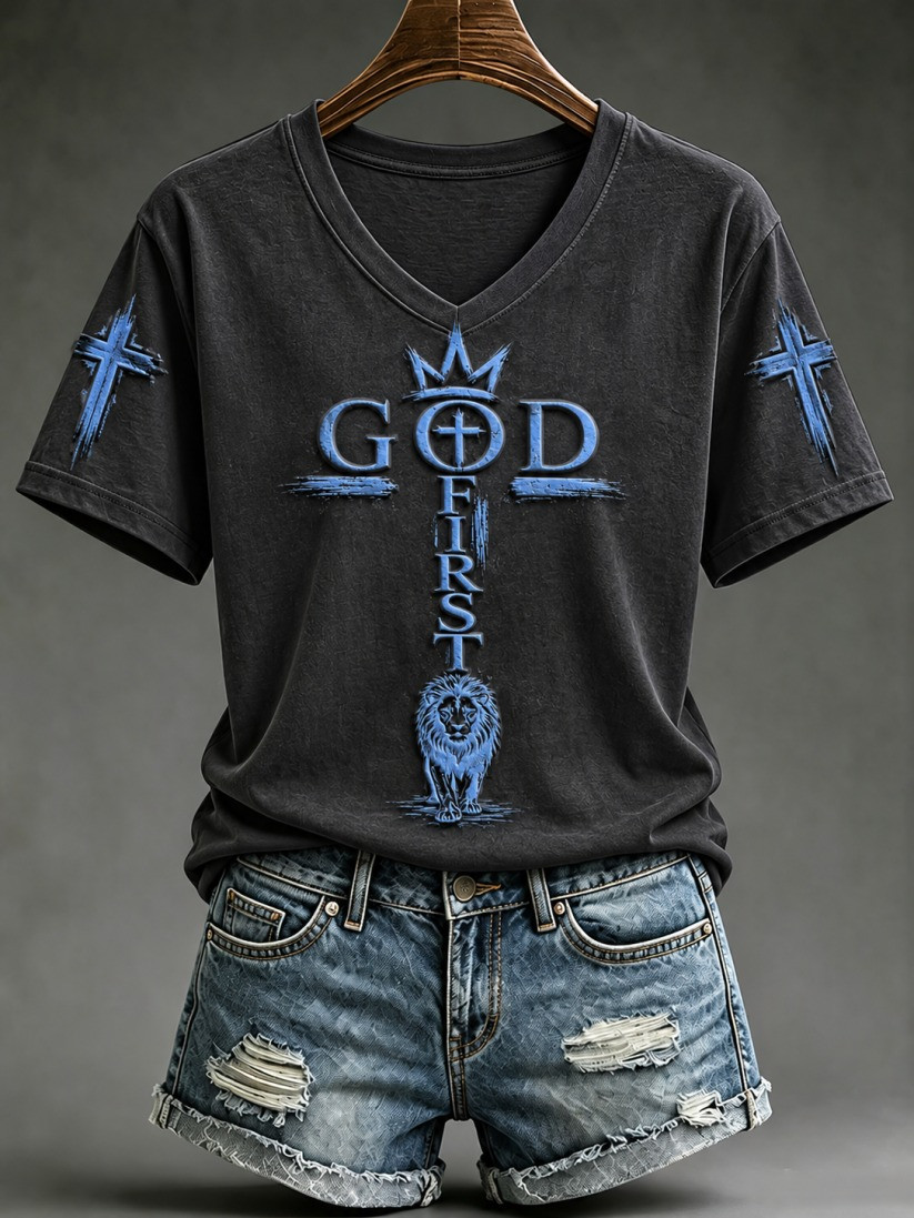 God First V-Neck T-Shirt Christian Faith Apparel Gift For Women - Gwh