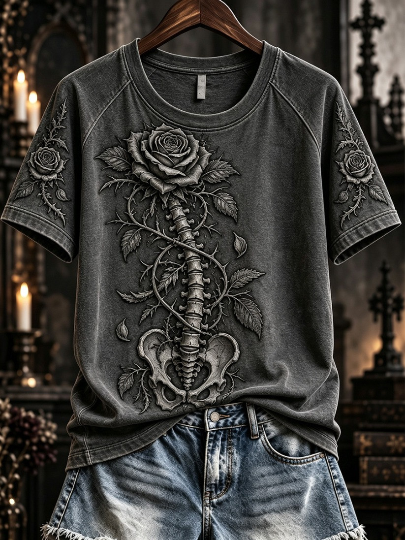 Gothic Skeleton Rose T-Shirt Halloween Apparel Gift For Women - GWH