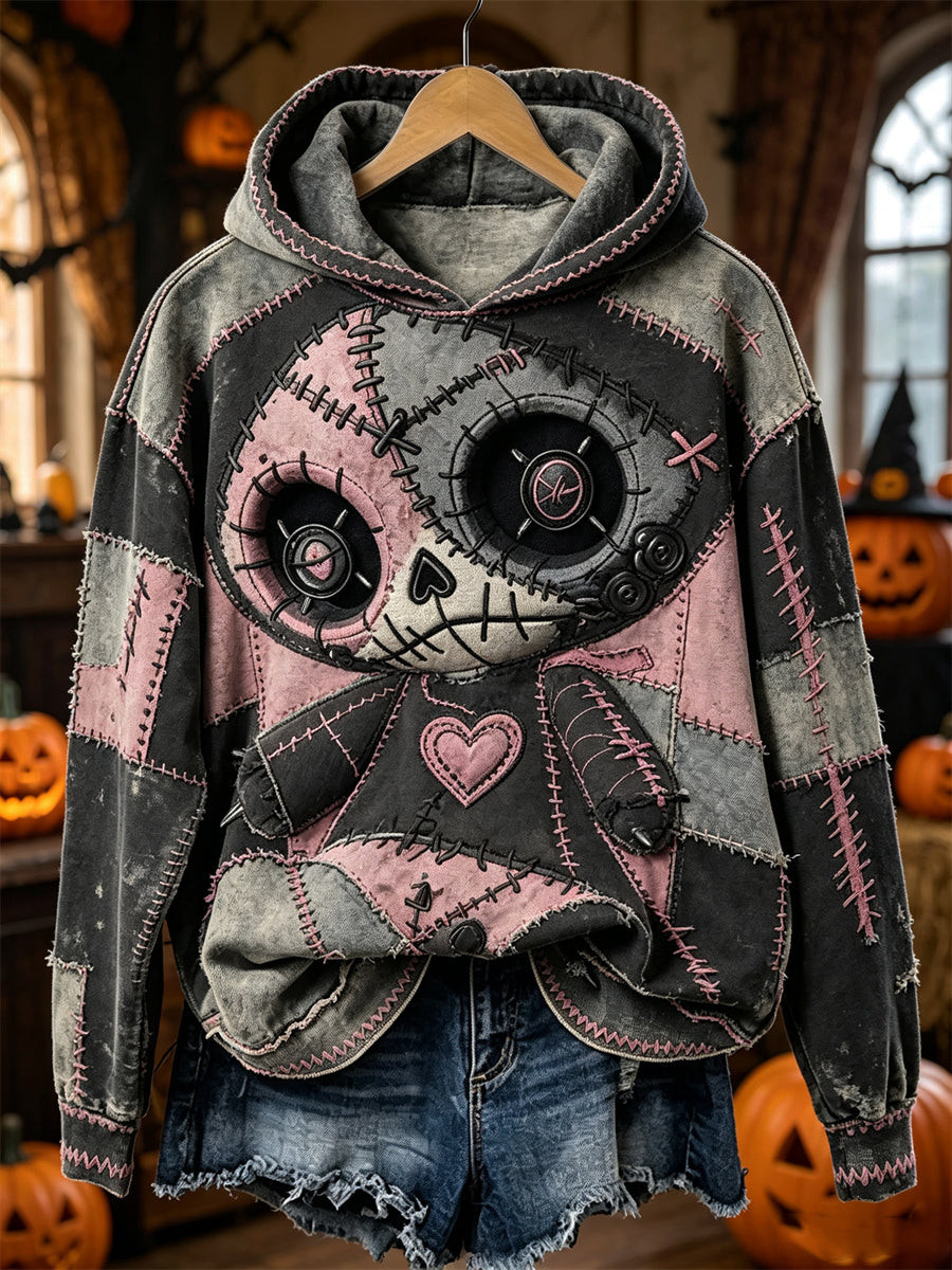 Gothic Voodoo Doll Bear Halloween Hoodie Pastel Goth Patchwork Apparel Outfit For Girlfriend - Gwh