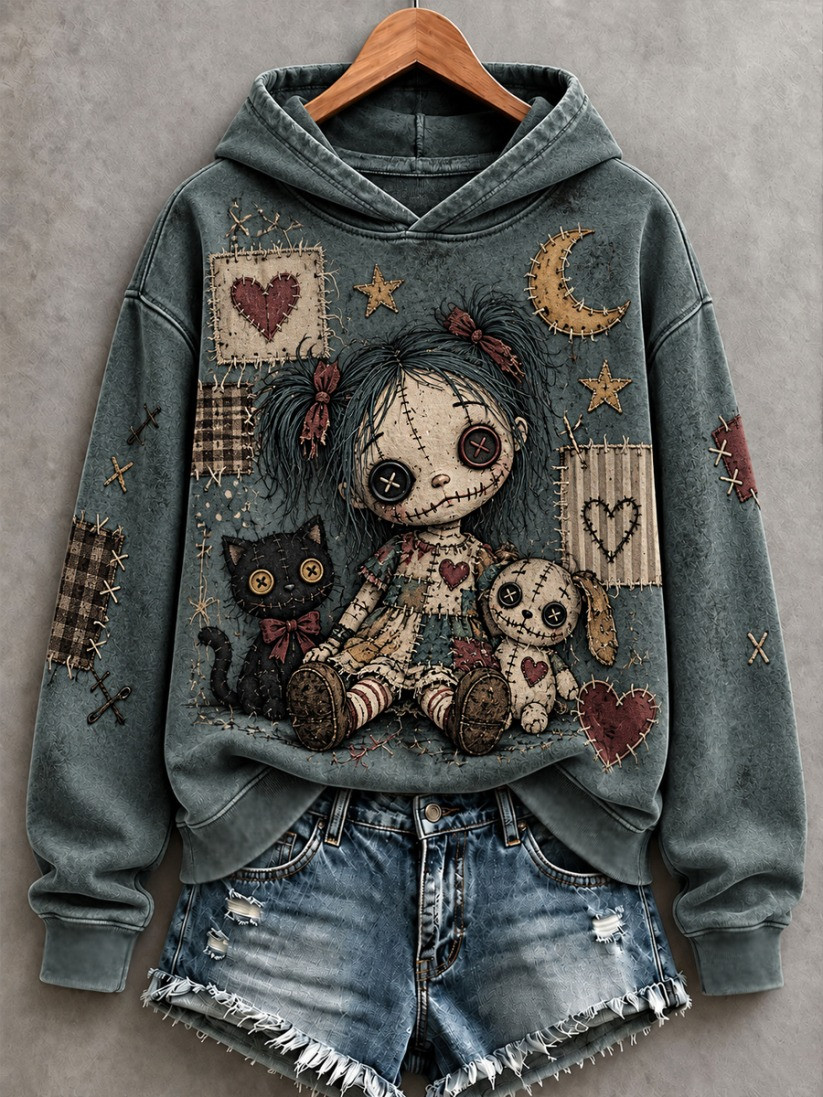 Halloween Art Patchwork Hoodie Spooky Season Apparel Gift For Women - GWH