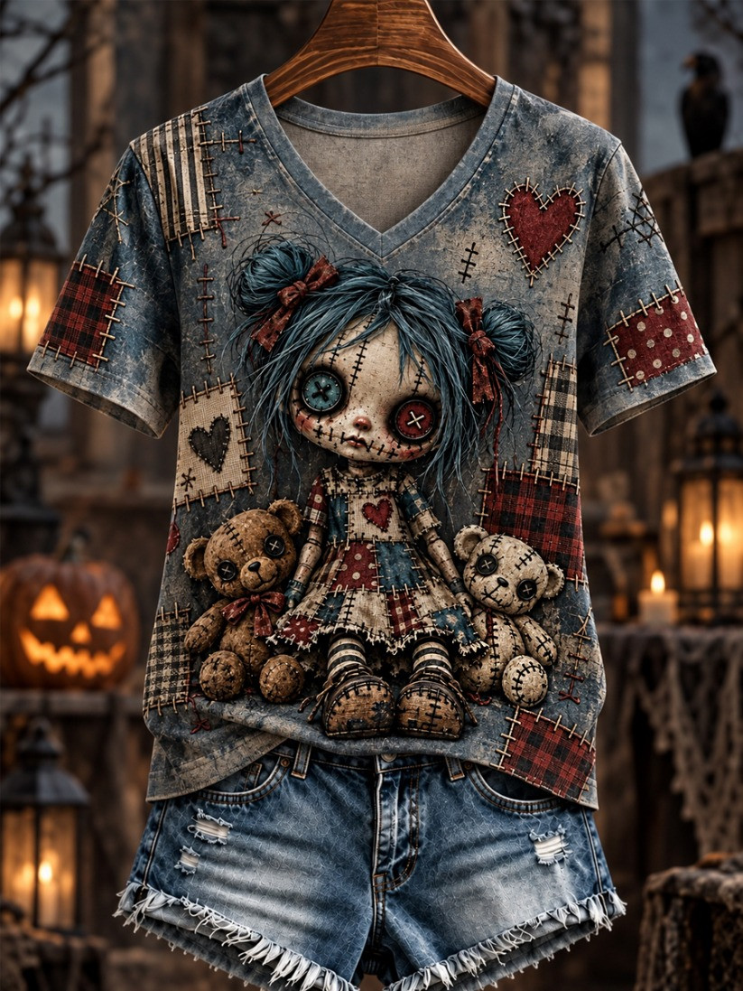Halloween Creepy Dolls V-Neck T-Shirt Halloween Horror Nights Apparel Gift For Her - GWH