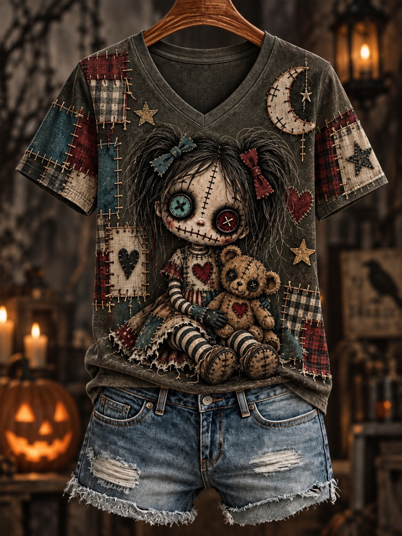 Halloween Creepy Dolls V-Neck T-Shirt Halloween Horror Nights Apparel Gift Ideas - GWH