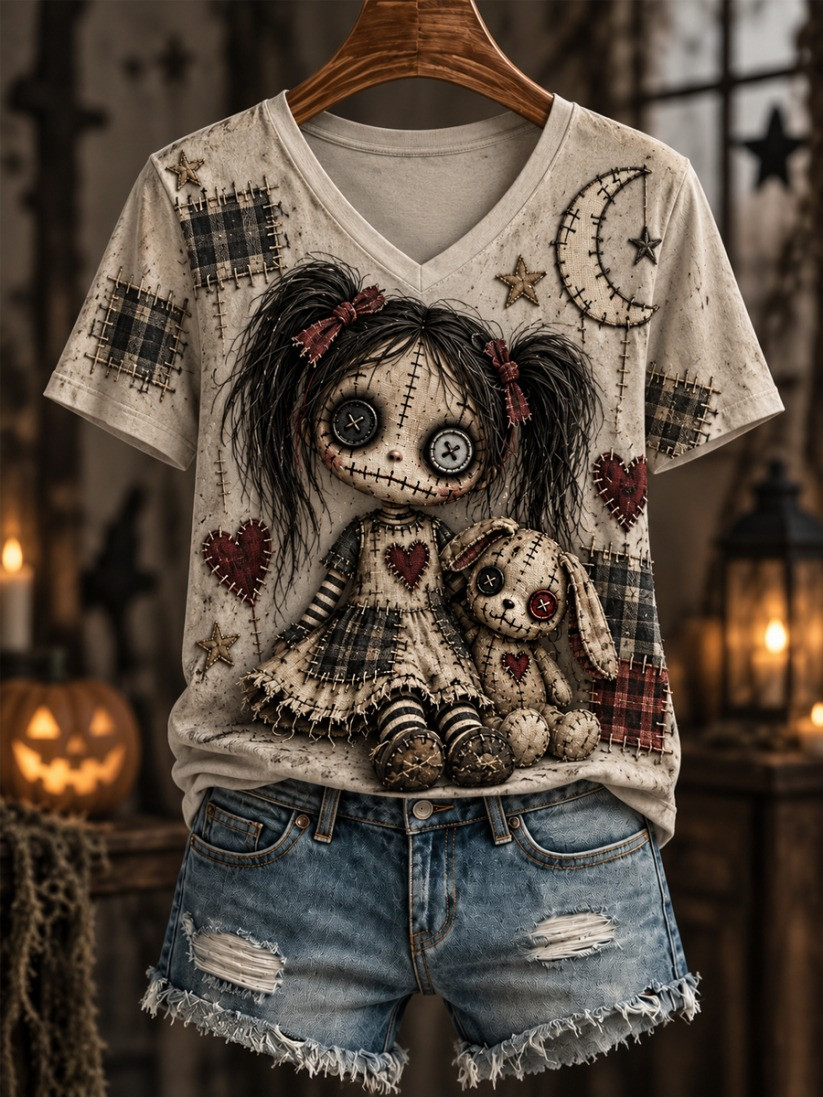 Halloween Creepy Dolls V-Neck T-Shirt Vintage Halloween Outfits Gift For Women - GWH
