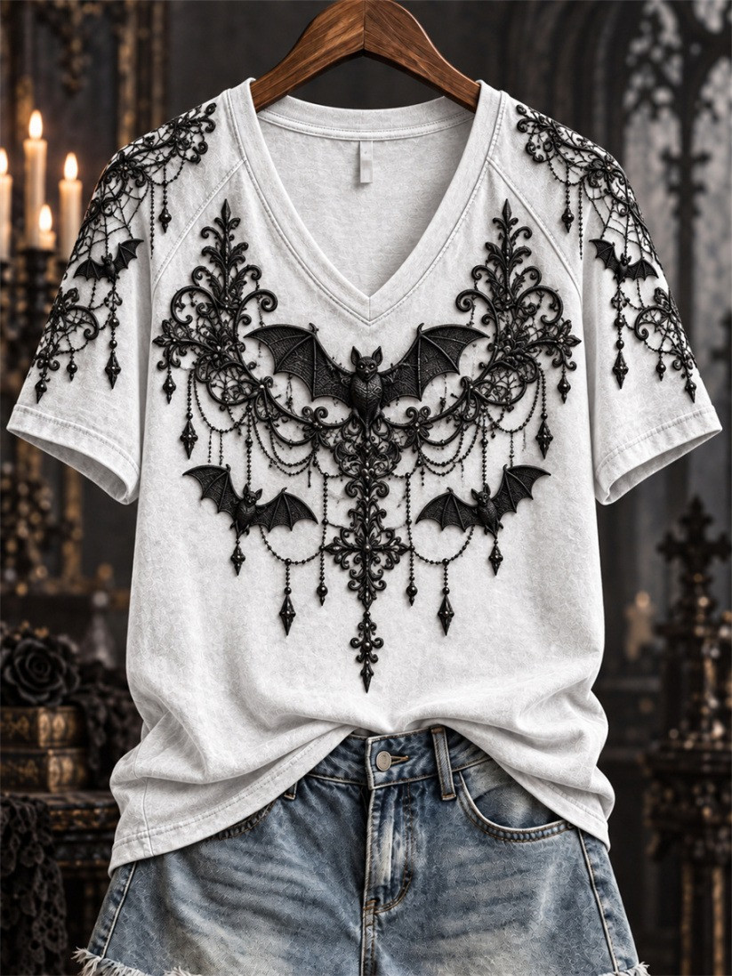 Halloween Gothic Bat Lace V-Neck T-Shirt Halloween Horror Nights Outfit Gift Ideas - GWH