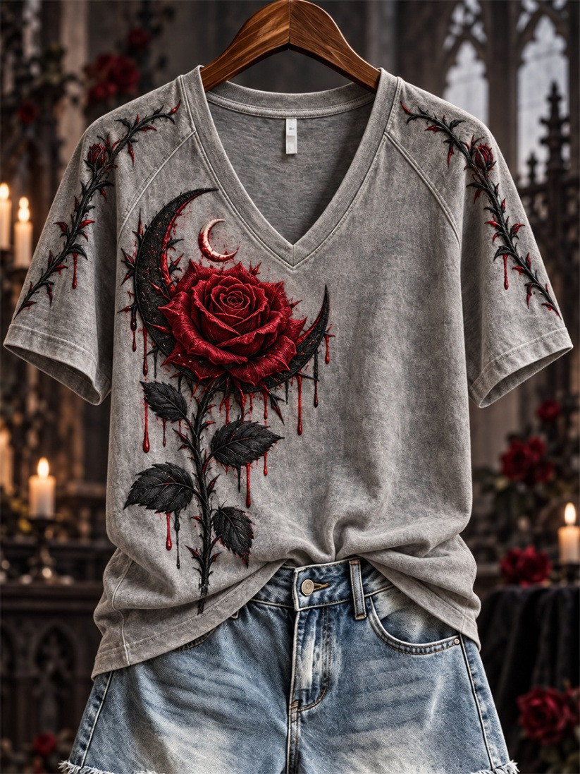 Halloween Gothic Bloody Rose & Thorns Crescent V-Neck T-Shirt Gifts For Halloween Lovers - GWH