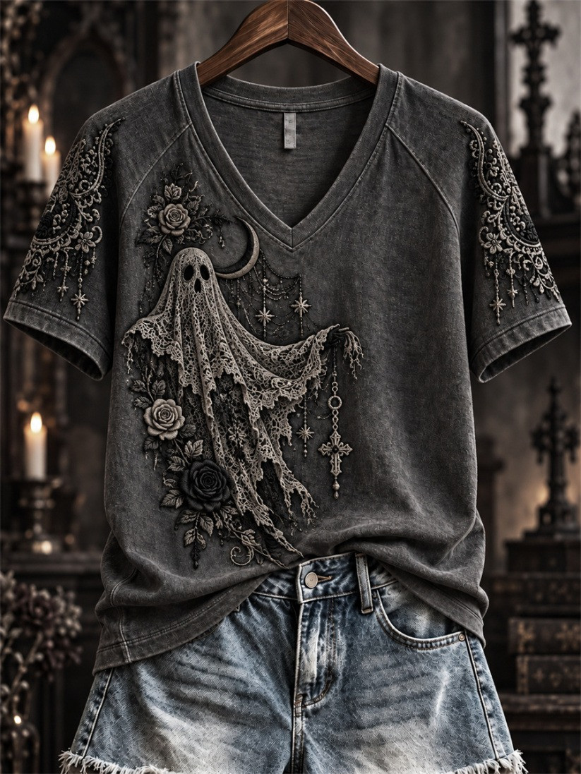Halloween Gothic Ghost Lace V-Neck T-Shirt Gifts For Halloween Lovers - GWH