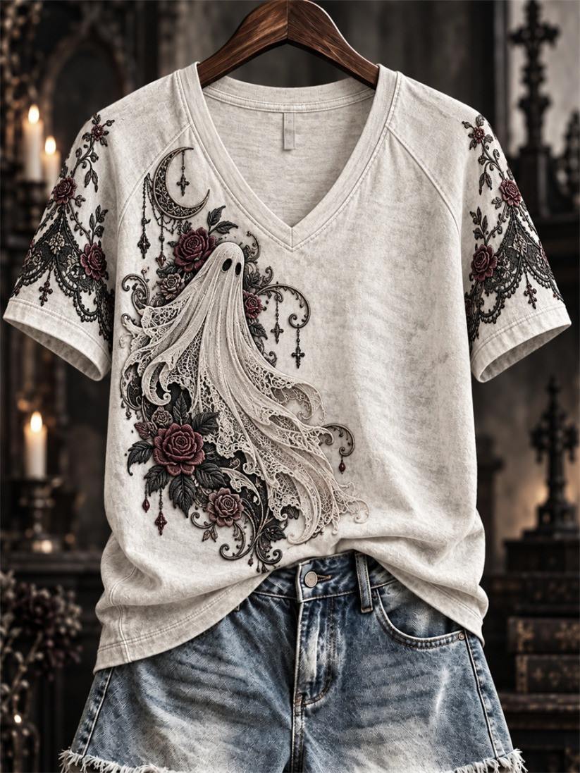 Halloween Gothic Ghost Lace V-Neck T-Shirt Halloween Themed Gifts For Her - GWH