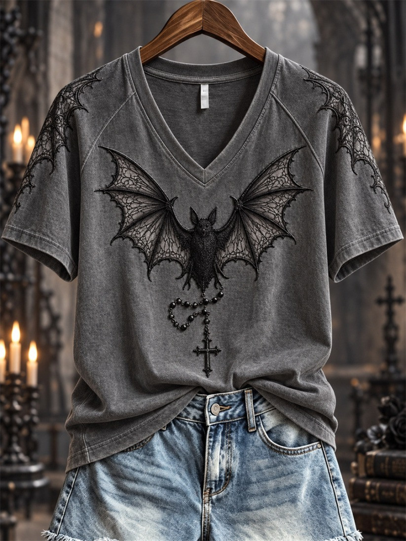 Halloween Gothic Lace Bat & Cross Pendant V-Neck T-Shirt Halloween Themed Gift - GWH