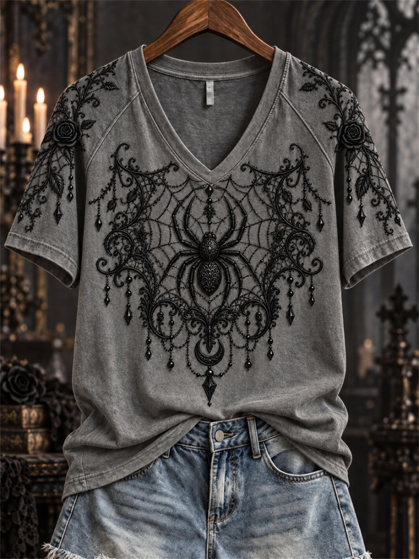 Halloween Gothic Spider & Spiderweb Lace V-Neck T-Shirt Gift For Mother - GWH