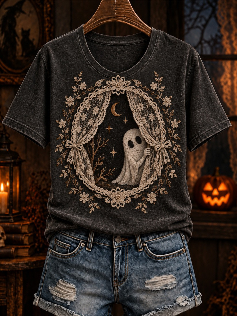 Halloween Gothic-Style Lace And Boo Pattern T-Shirt Gift Ideas For Halloween - GWH