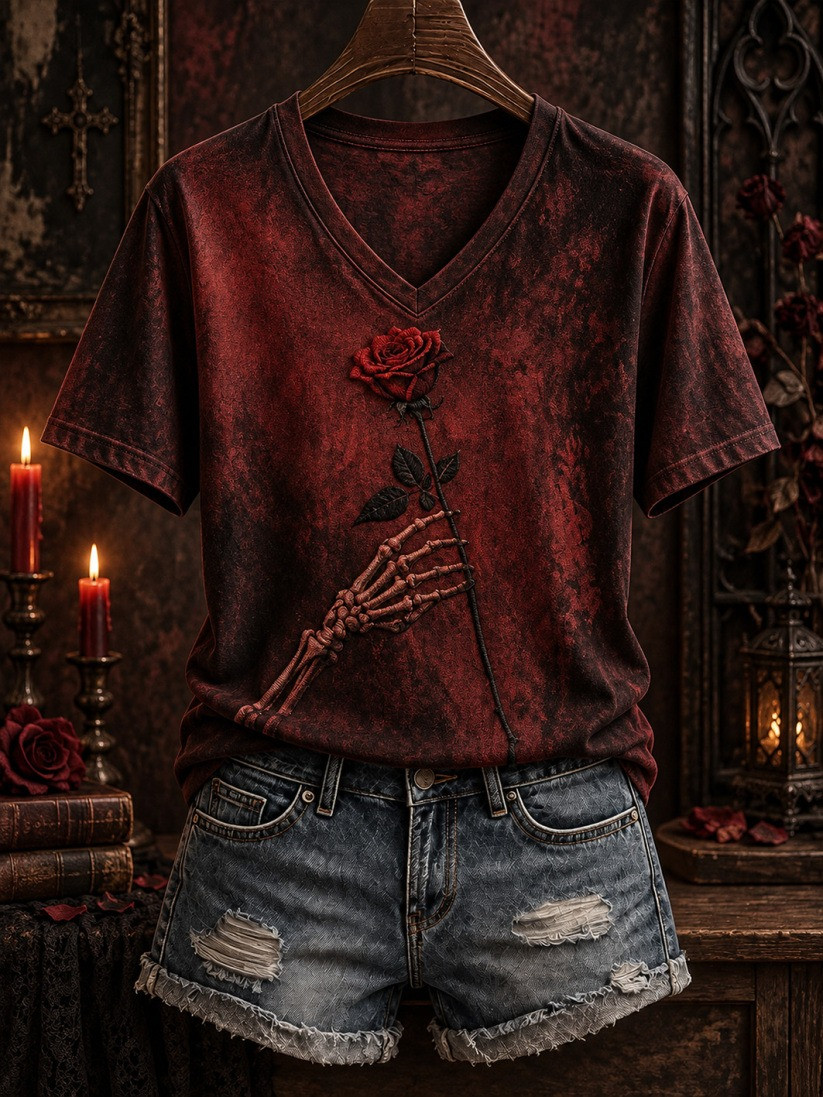 Halloween Gothic-Style Patterned V-Neck T-Shirt Gift Ideas For Women - GWH
