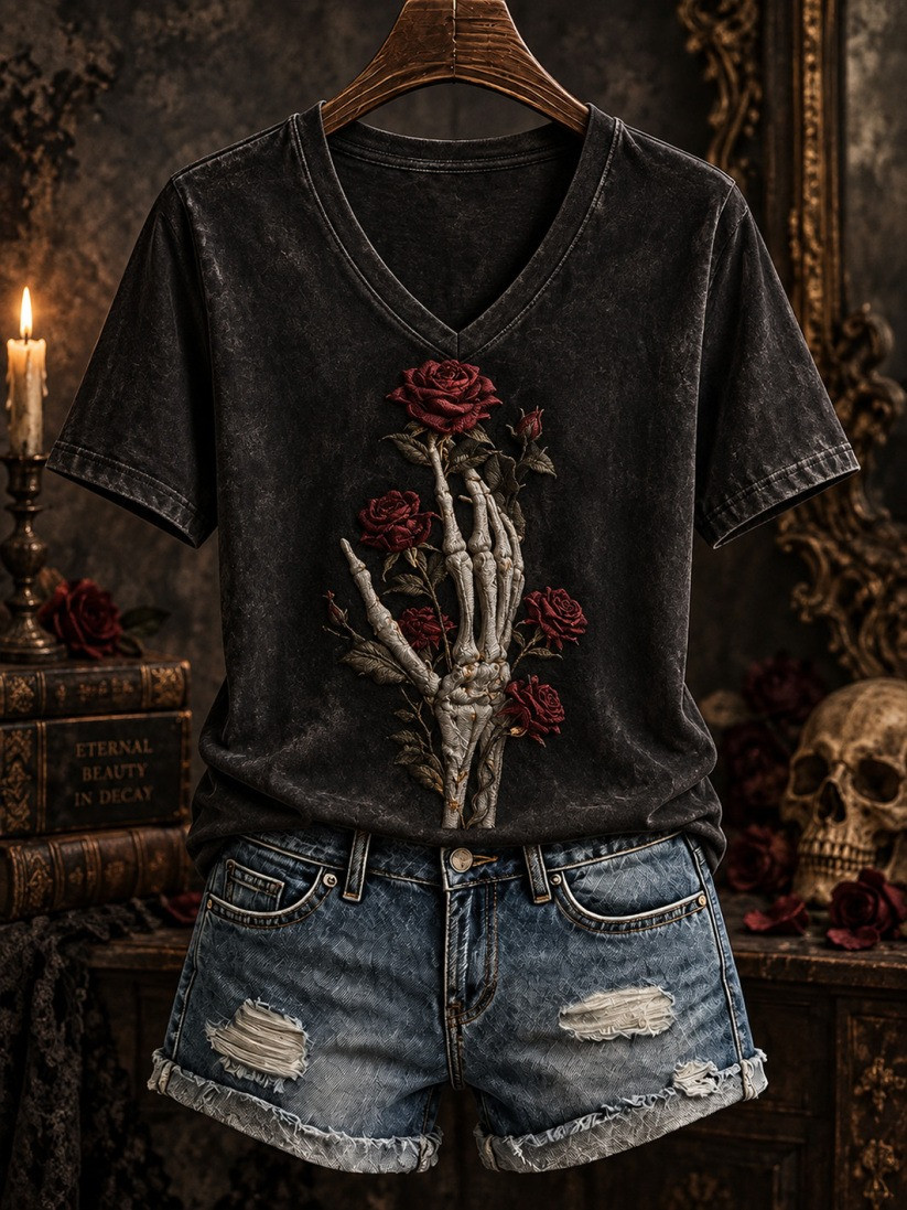 Halloween Gothic-Style Patterned V-Neck T-Shirt Halloween Horror Nights Apparel Gift - GWH