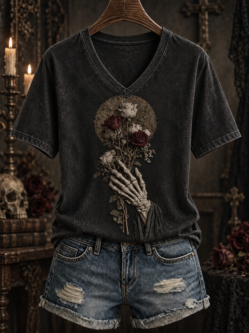 Halloween Gothic-Style Patterned V-Neck T-Shirt Halloween Horror Nights Merch Gift - GWH