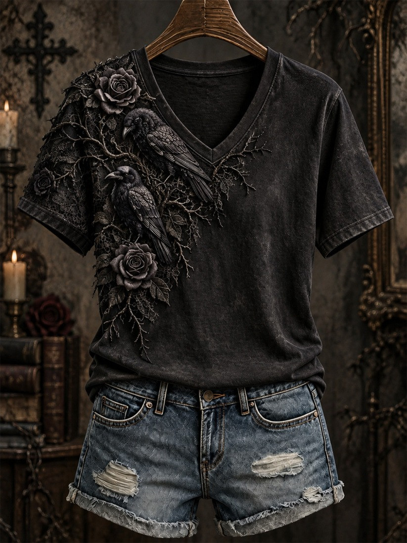 Halloween Gothic-Style Patterned V-Neck T-Shirt Halloween Horror Nights Merchandise Gift - GWH