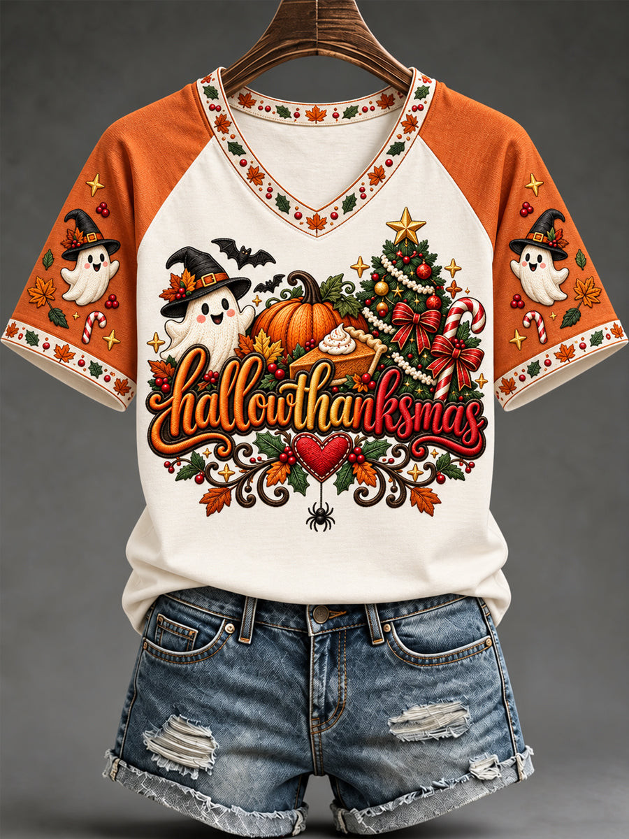 Halloween Merch Hallothanksmas Ghost V-Neck T-Shirt Funny Halloween Apparel Gift For Wife - GWH