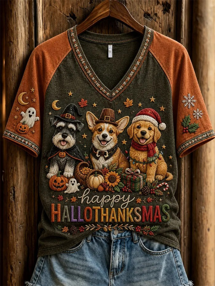 Halloween Merch Happy Hallothanksmas Dogs V-Neck T-Shirt Dog Lover Merch Gifts For Wife - GWH