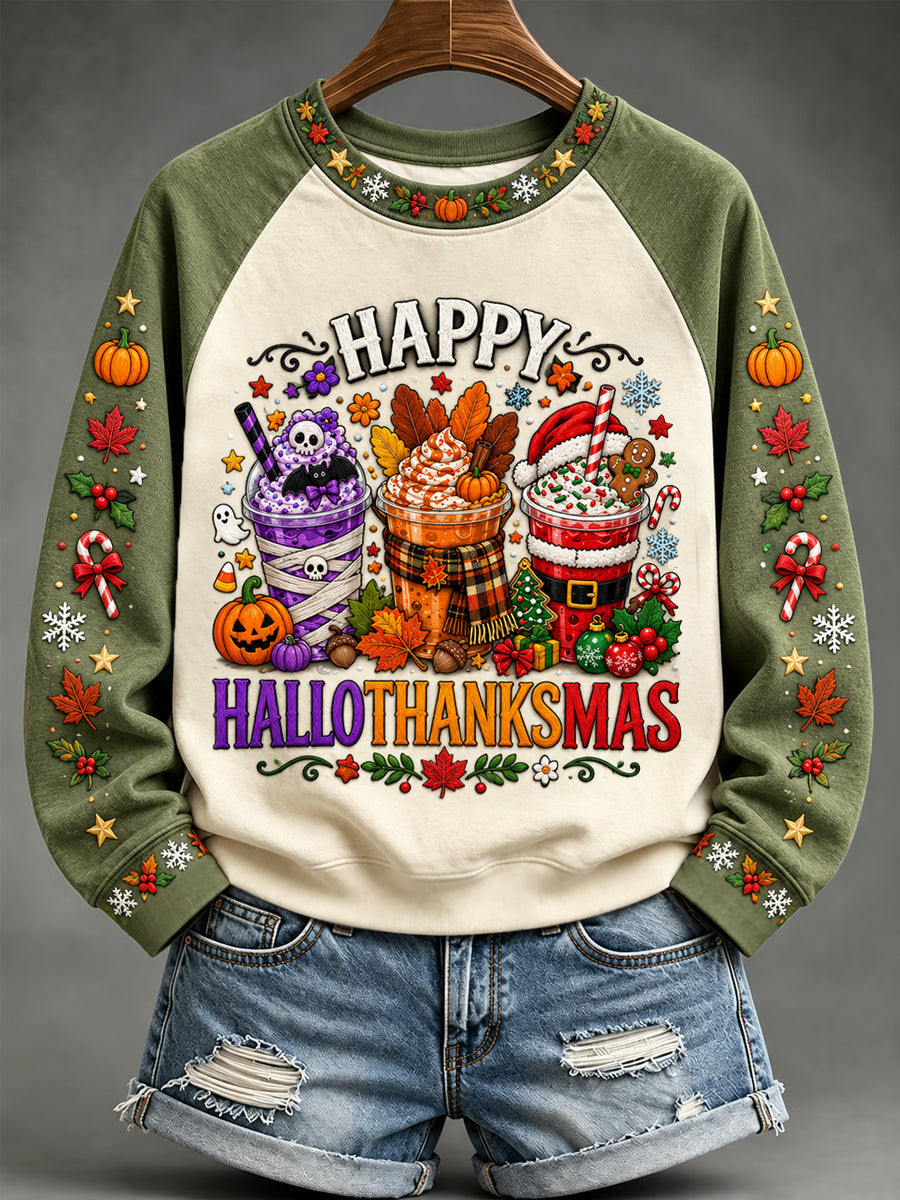 Halloween Merch Happy Hallothanksmas Drinks Sweatshirt Funny Christmas Clothes Gift For Mom - GWH