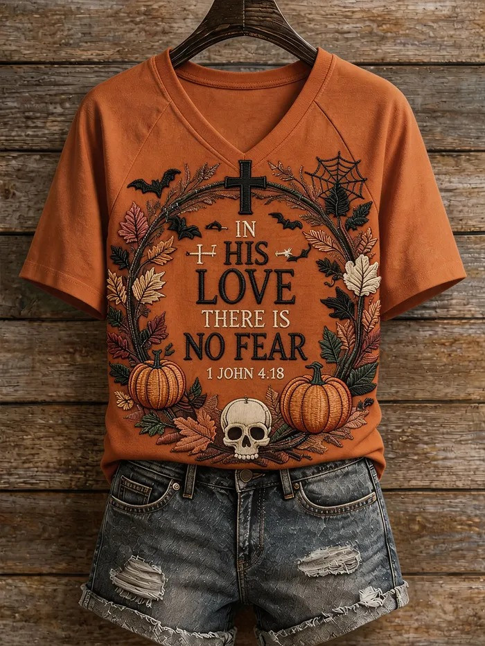 Halloween Merch In His Love There Is No Fear V-Neck T-Shirt Halloween Clothing Gifts For Wife - GWH