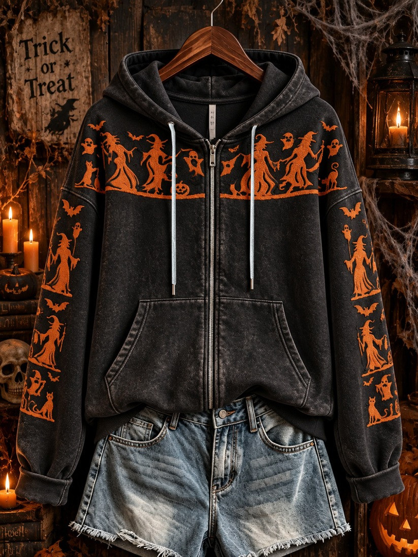 Halloween-Themed Witch Pattern Zip Hoodie Halloween Horror Nights Apparel Gift - GWH