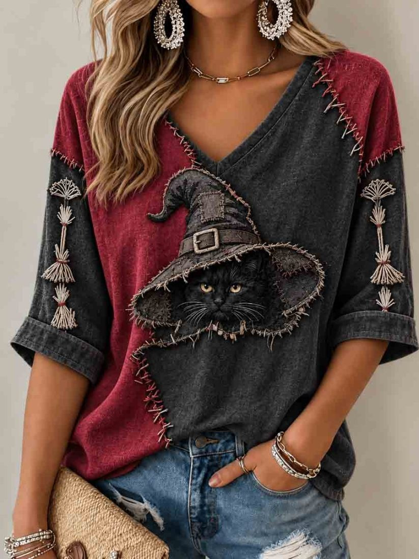 Halloween Witch Cat Crew V-Neck Raglan Shirt Halloween Clothes Gift For Wife - GWH