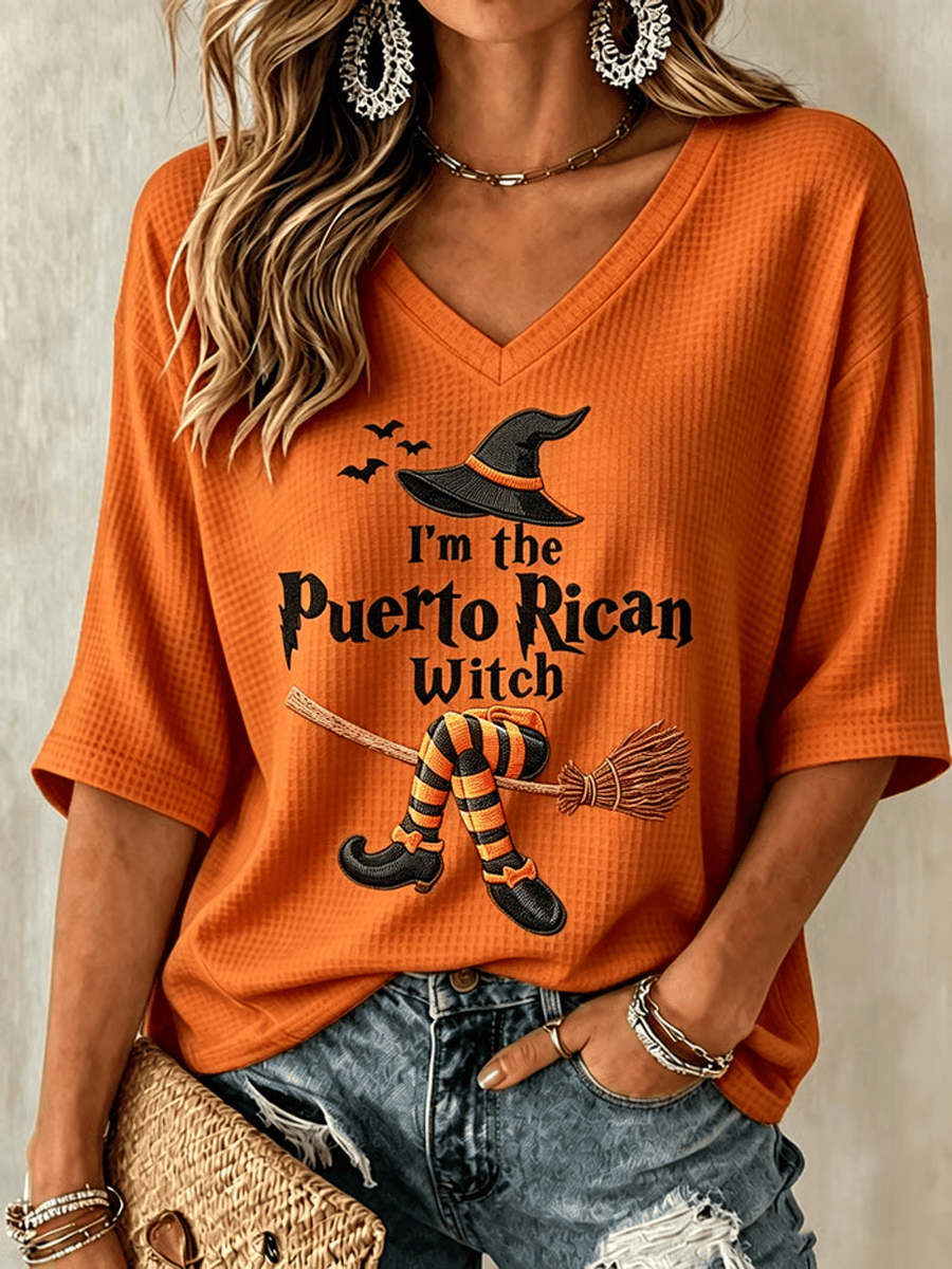 I'm The Puerto Rican Witch Cropped Sleeve V-Neck T-Shirt Cute Halloween Apparel Halloween Presents - Gwh