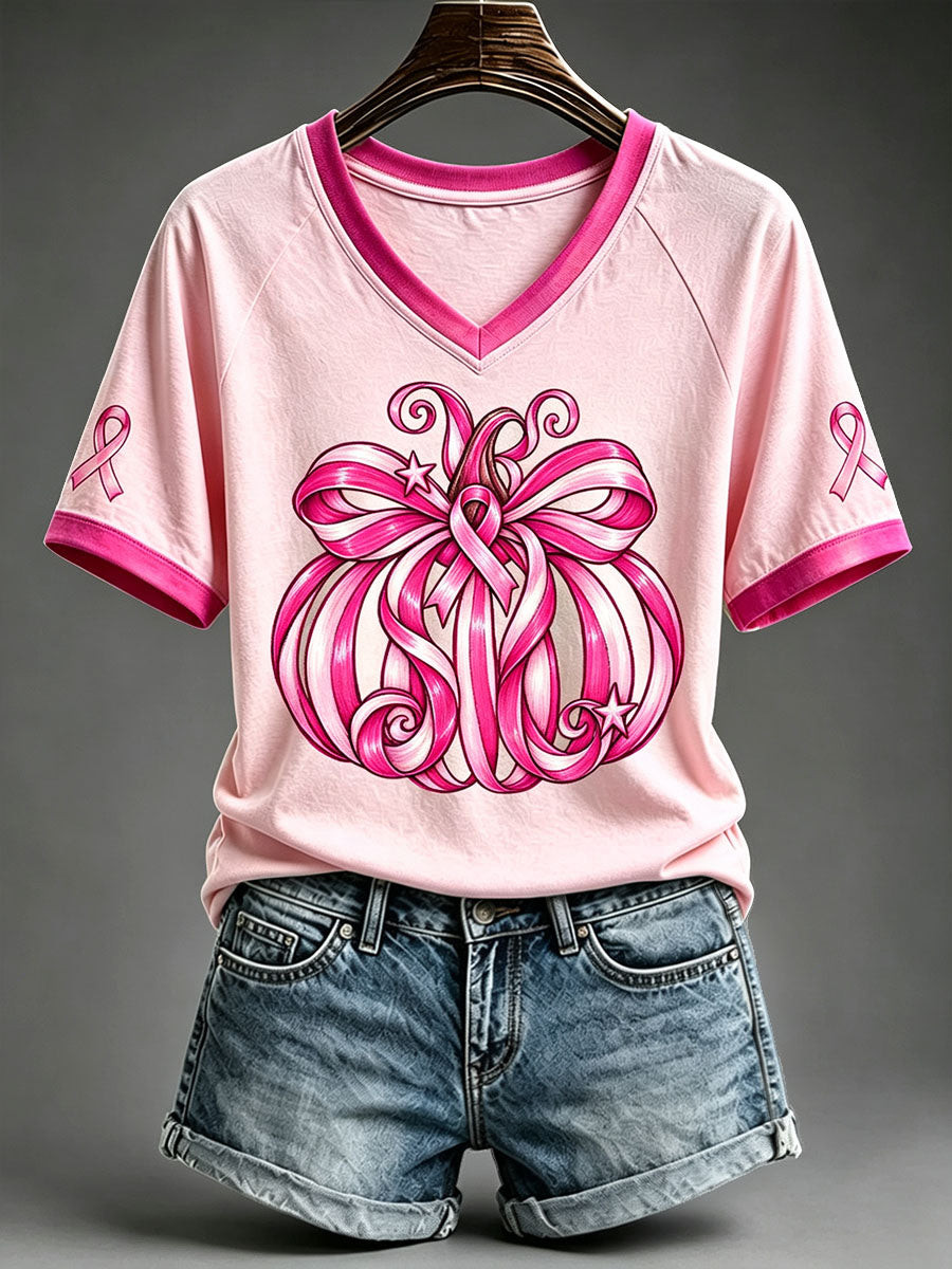 In October We Wear Pink Ribbon Pumpkin V-Neck Shirt Halloween Horror Nights Apparel Best Gift For Her - Gwh