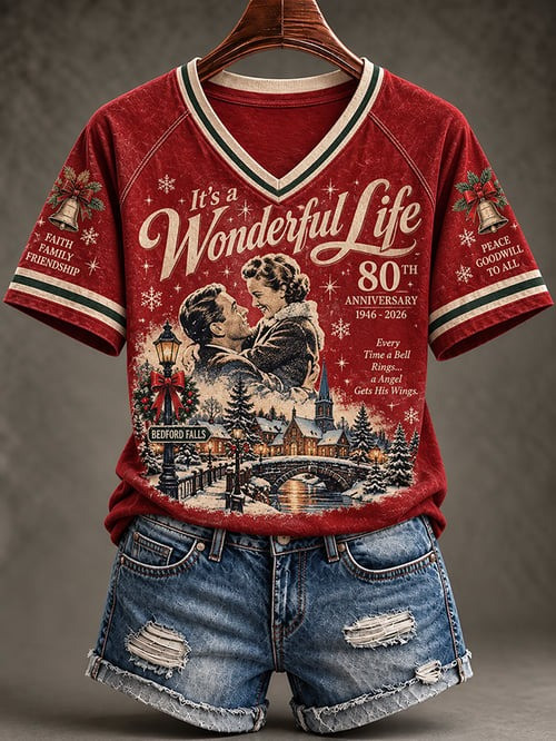 It's A Wonderful Life 80Th Anniversary Merch Christmas V-Neck Shirt Christmas Apparel - GWH