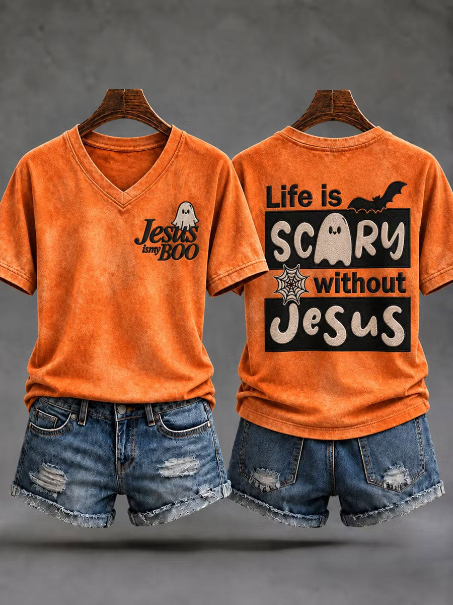 Jesus Is My Boo V-Neck Shirt Christian Scary Without Jesus Clothing Gift For Best Friends - Gwh