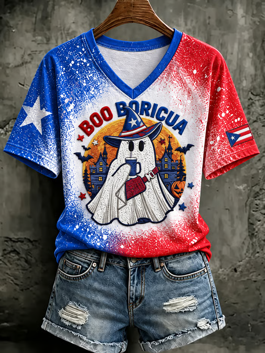 Kawaii Boo Borican V-Neck Shirt Cute Halloween Apparel Best Gifts For Friends - Gwh