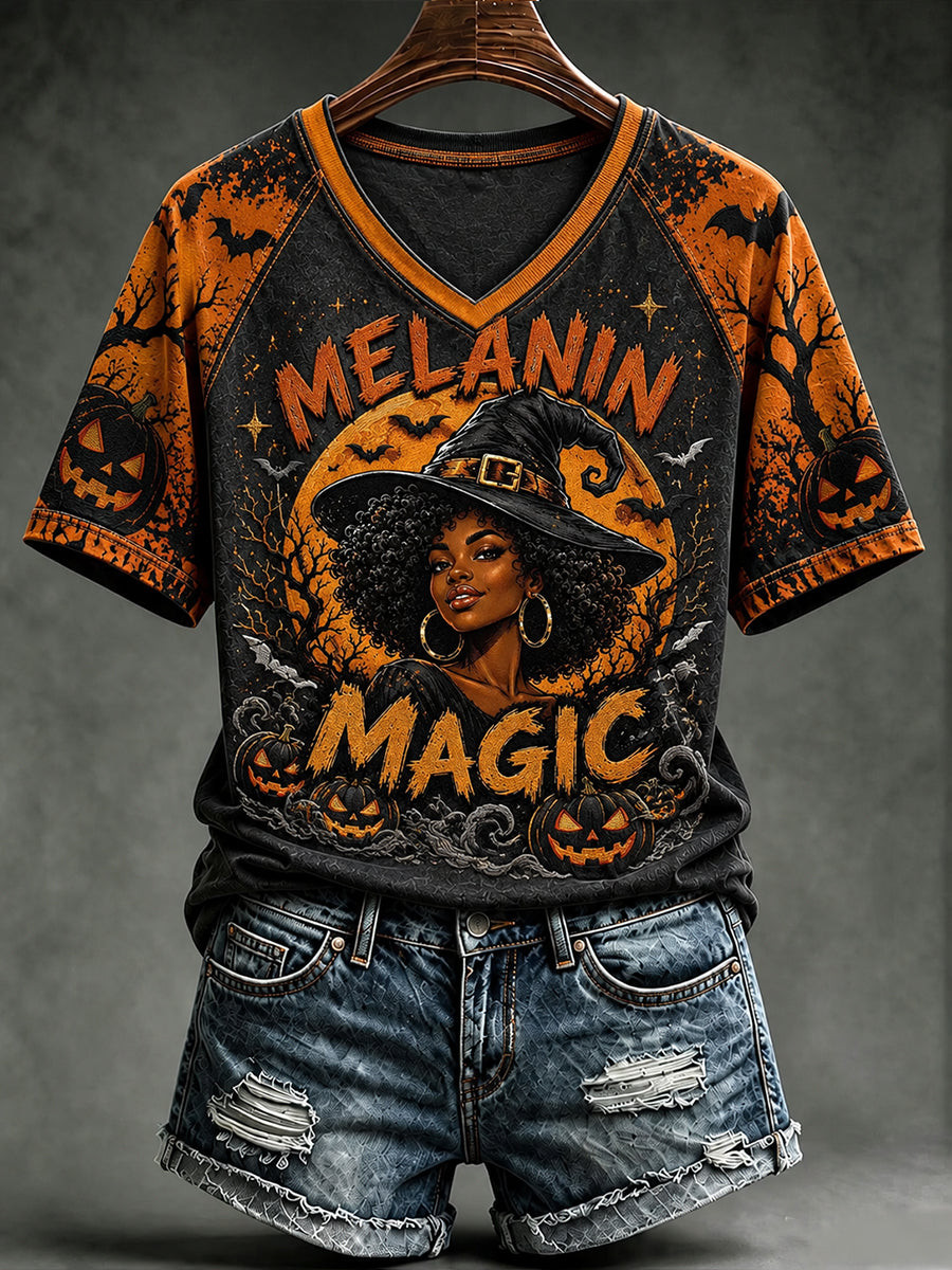 Melanin Magic Halloween V-Neck Shirt Funny Goth Halloween Apparel Gift For Her - Gwh