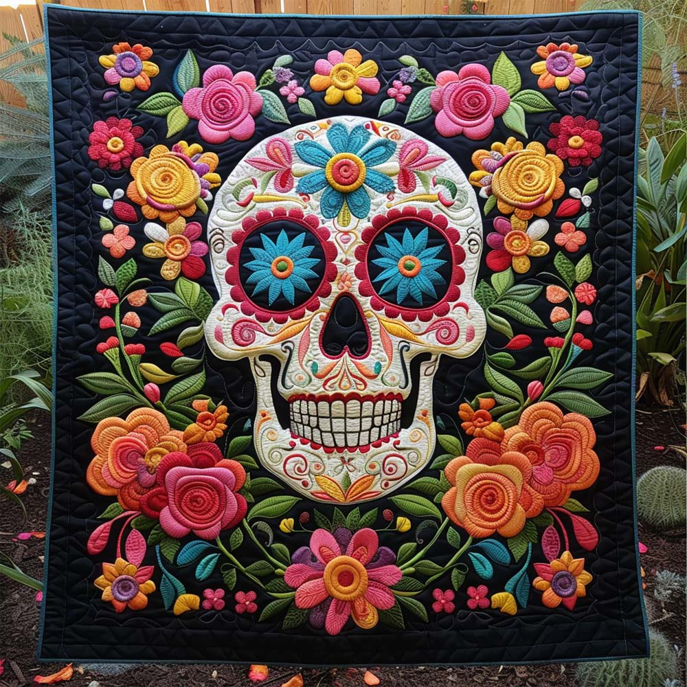 Mexican Calavera Quilted Blanket Floral Day Of The Dead Bedroom Decor Gift - GWH