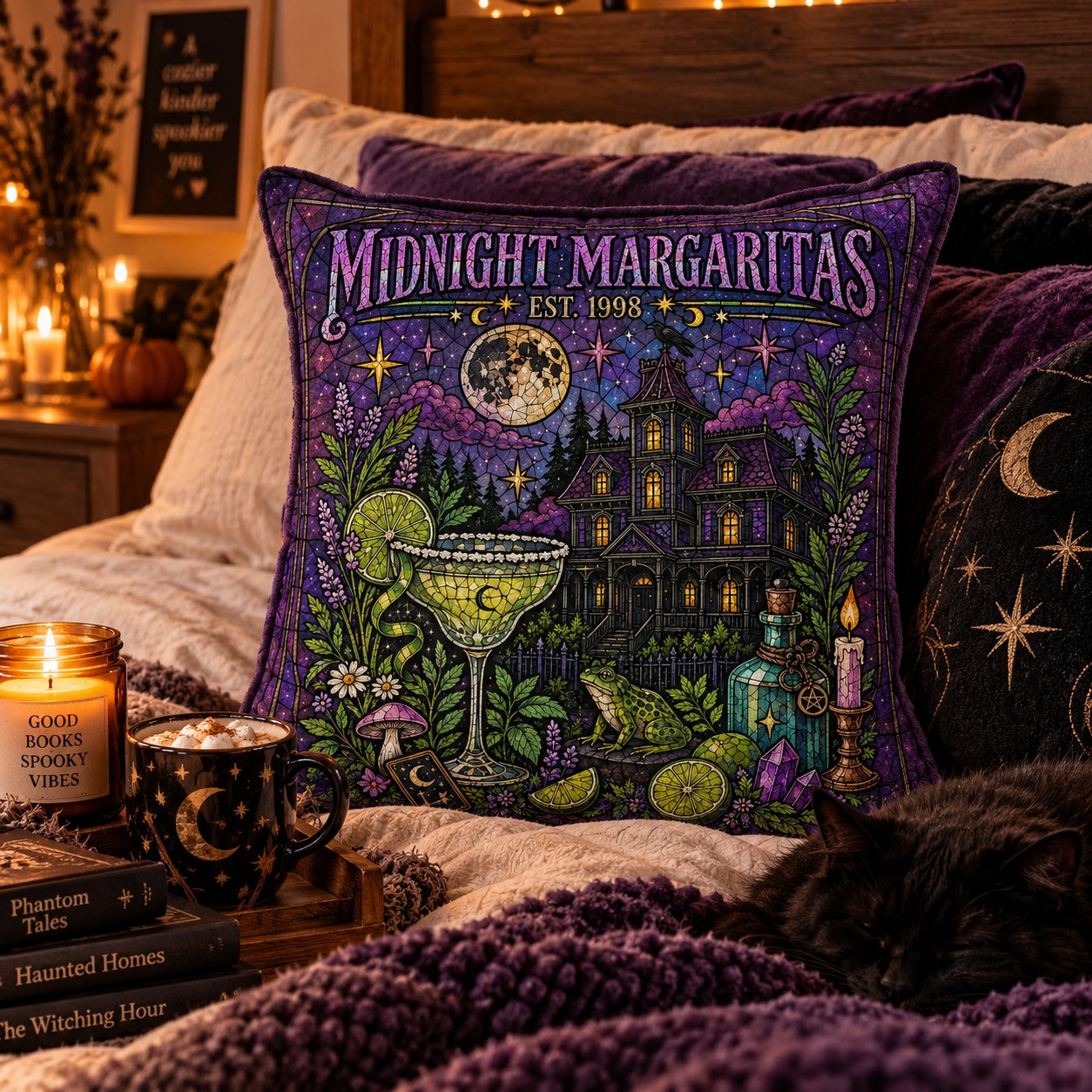 Midnight Margaritas Stained Glass Accent Pillow Practical Magic Gothic Witchcraft Home Decor - GWH