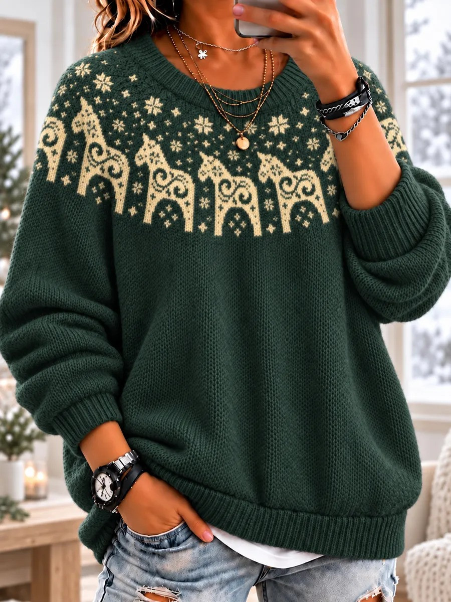 Nordic Folk Horse Snowflake Sweater Cute Christmas Outfits Xmas Gifts For Daughter - GWH
