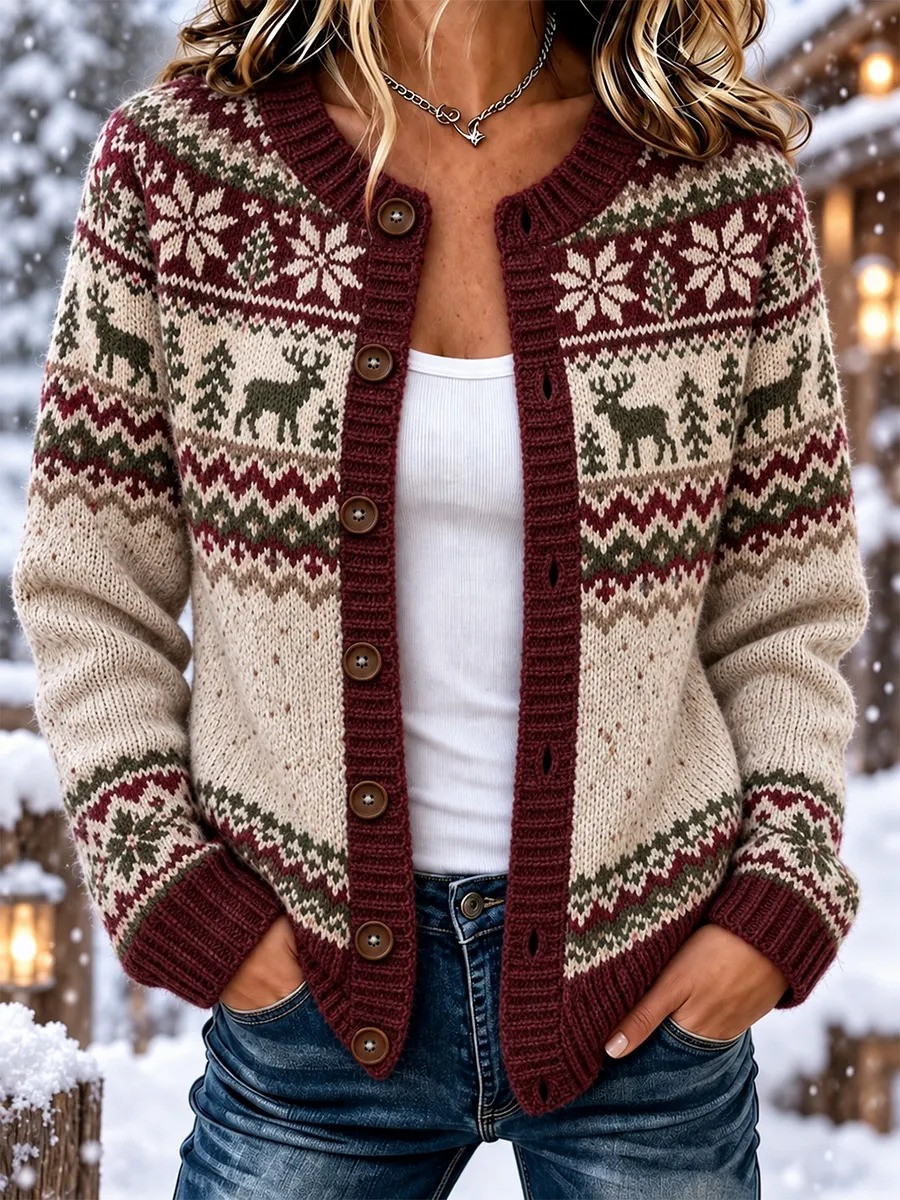 Nordic Winter Merch Style Elk Pattern Cardigan Christmas Clothing Gifts For Women - GWH