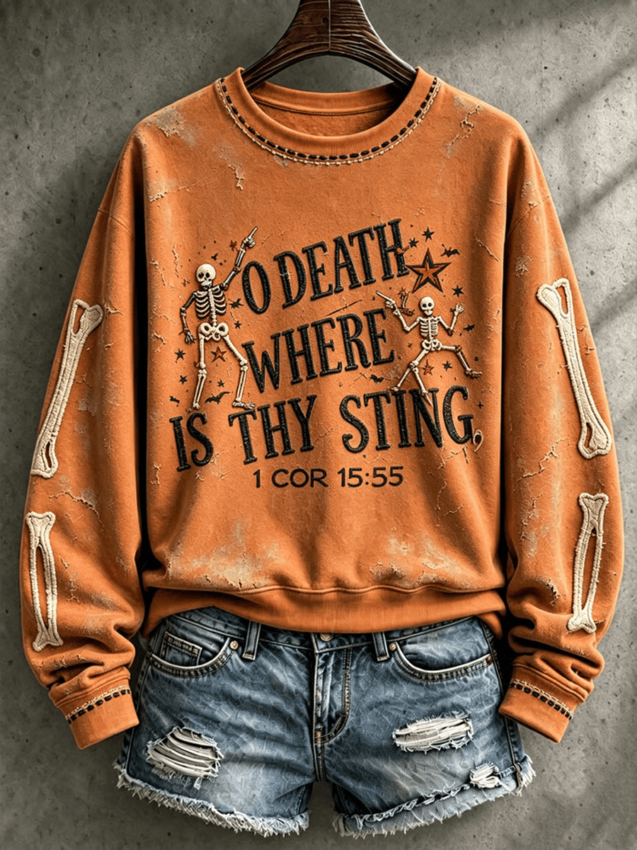 O Death Where Is Thy Sting Sweatshirt Vintage Gothic Skeleton Apparel Gifts For Holiday Lover - Gwh