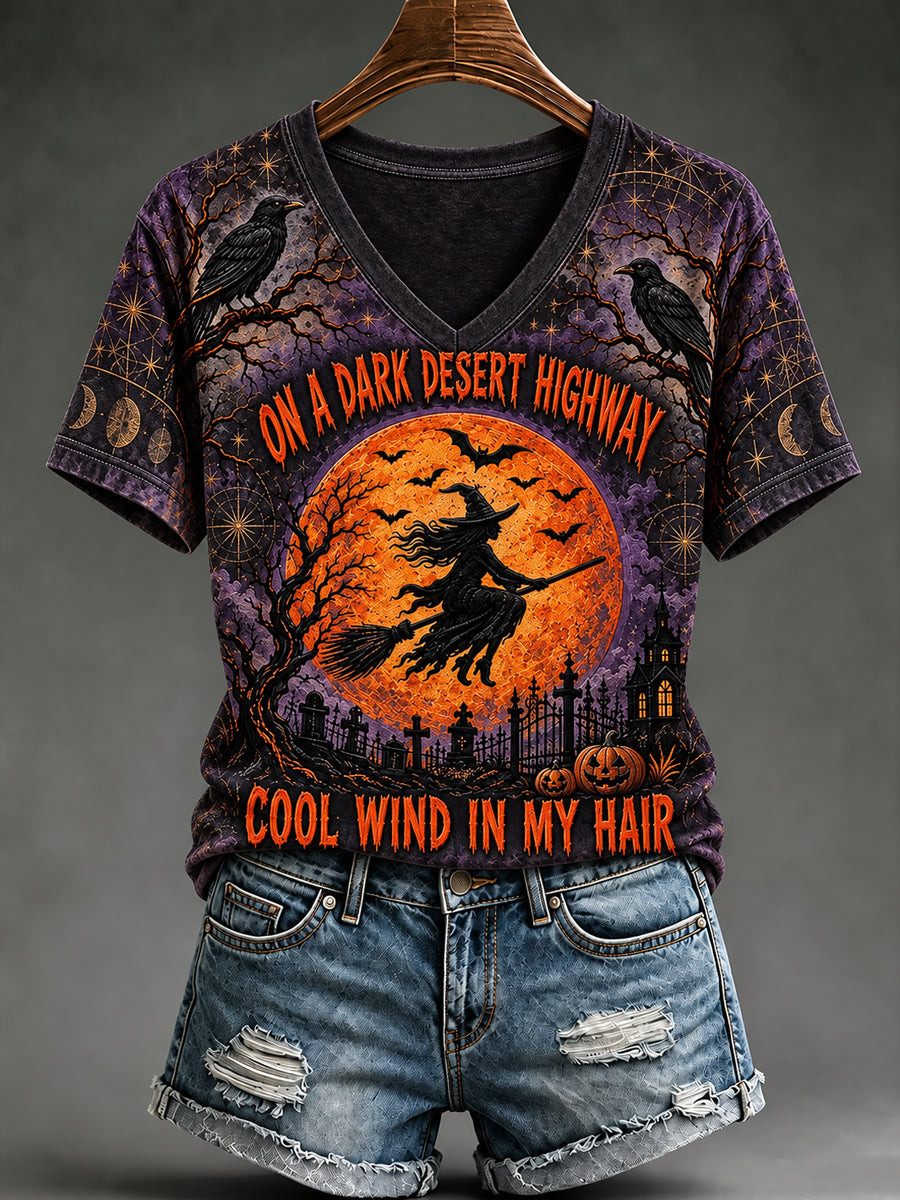 On A Dark Desert Highway Cool Wind In My Hair V-Neck Shirt Cool Halloween Clothes Gifts For A Horror Fans - Gwh