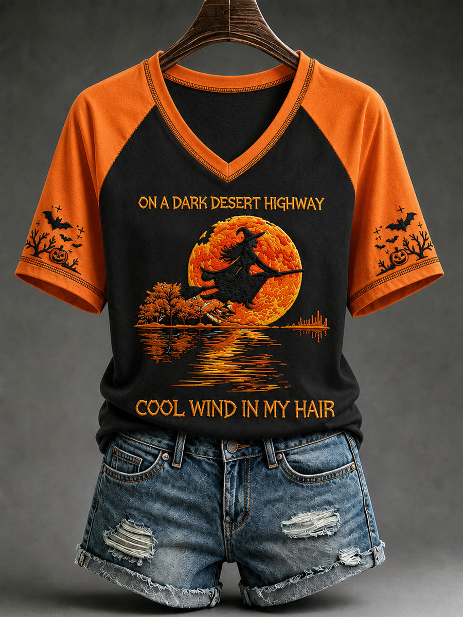 On A Dark Desert Highway Cool Wind In My Hair V-Neck Shirt Full Moon Spooky Halloween Apparel Gifts For A Horror Fans - Gwh