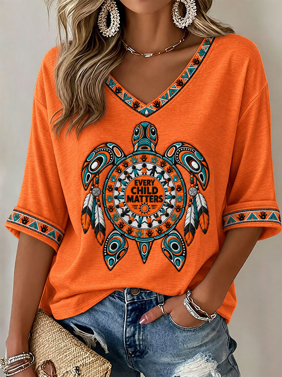 Orange Shirt Day Merch Turtle V-Neck Raglan Shirt Every Child Matters Women's Apparel Gift - GWH